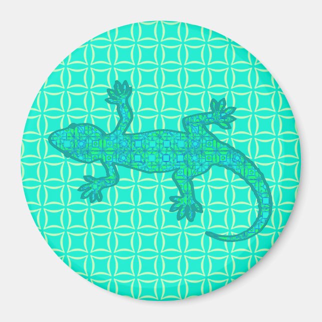 Aimant Batik tribal Gecko - turquoise / paon (Devant)