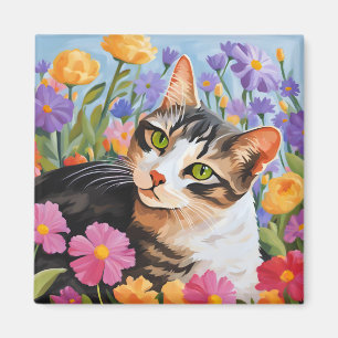 Aimant Beau chat avec fleurs