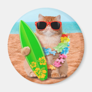 Aimant Beau chat surfeur sur la plage