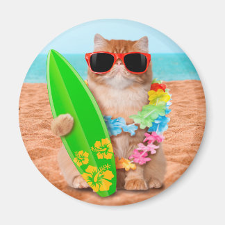 Aimant Beau chat surfeur sur la plage