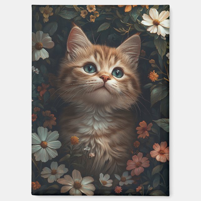 Aimant Beau chaton orange avec Fleur sauvage (Recto)