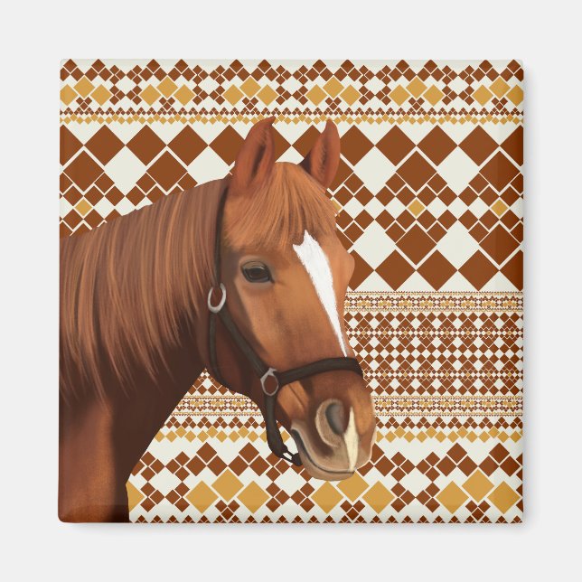 Aimant Beau cheval Brown sur Motif géométrique Earthy (Devant)