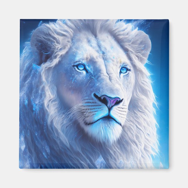Aimant Beau Lion Mystique Blanc aux Yeux Bleus   (Devant)