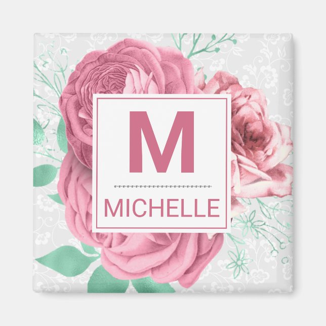 Aimant Beau Monogramme de Roses de Jardin Roses (Devant)