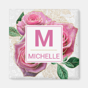 Aimant Beau Monogramme de Roses Glamour Rose et Or