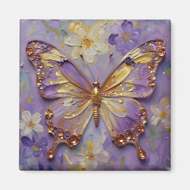 Aimant Beau Papillon Violet et Fleurs (Devant)