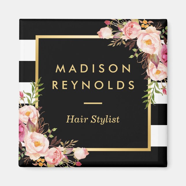 Aimant Beau rose floral noir blanc rayé (Devant)