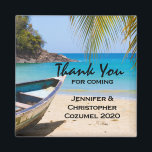Aimant Beautiful Tropical Beach with a Rowboat Wedding<br><div class="desc">Wedding thank you magnet with an idyllic tropical beach scene. Turquoise blue crystal clear water and a soft brown sandy beach. Some palm leaves hanging down from above. An old wooden rowboat sits on the beach. A serene and peaceful landscape.</div>