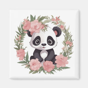 Aimant Bébé adorable Panda Ours avec fleurs