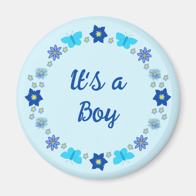Aimant Bébé bleu Papillons et fleurs personnalisés (Devant)