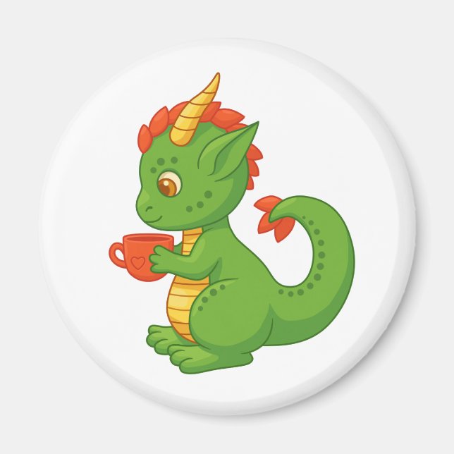 Aimant Bébé dragon mignon tenant une tasse (Devant)