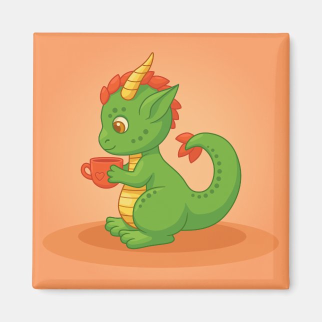 Aimant Bébé dragon mignon tenant une tasse sur orange (Devant)