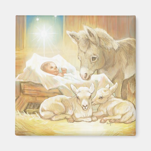 Aimant Bébé Jésus Nativité avec agneaux et âne (Devant)