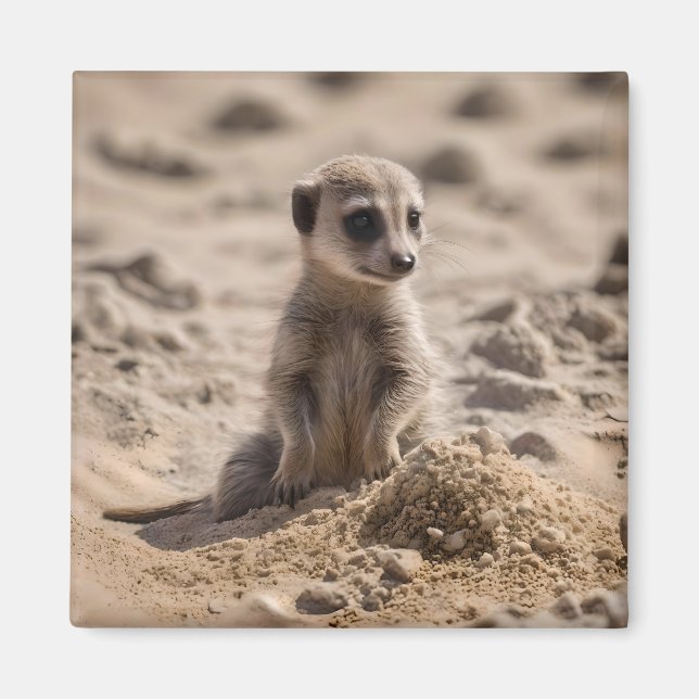 Aimant Bébé Meerkat Jouant Dans Le Sable, (Devant)