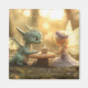 Aimant Bébé mignon Dragon et Fée Profitant du thé