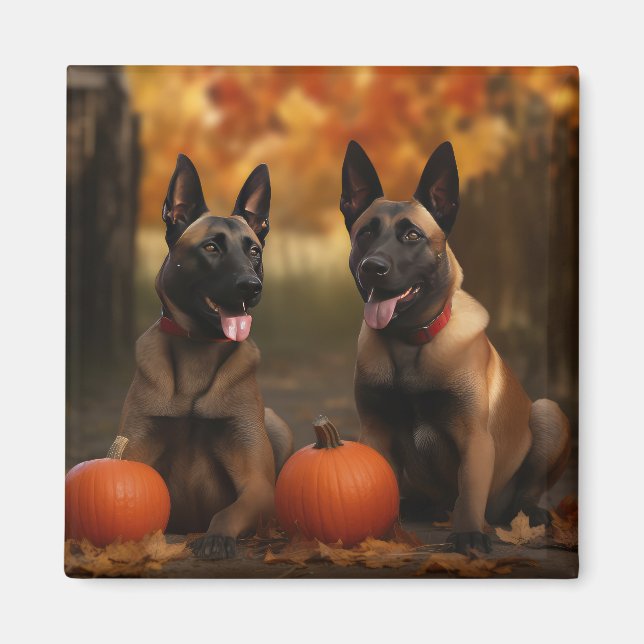 Aimant Belge Malinoi Puppy Automne Citrouille de plaisir (Devant)