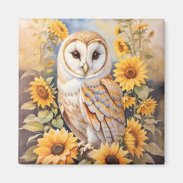 Aimant Belle Chouette Et Fleurs De Soleil (Devant)