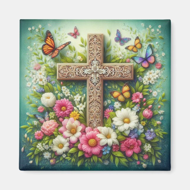Aimant Belle croix florale de Pâques avec papillons (Devant)