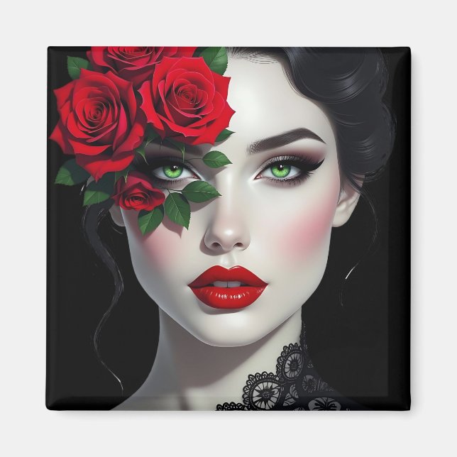 Aimant Belle Femme avec Rose Rouge (Devant)