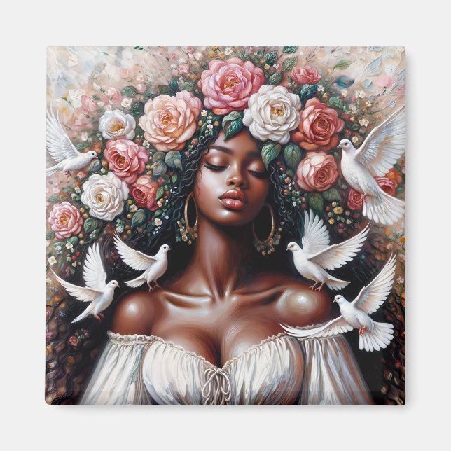 Aimant Belle Femme Noire avec des colombes Floral (Devant)