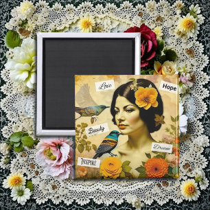 Aimant Belle femme vintage avec oiseaux et fleurs