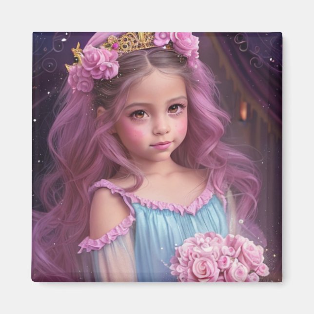 Aimant Belle Fille avec des Fleurs Roses dans les Cheveux (Devant)