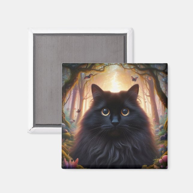 Aimant Belle Fluffy Chat Noir avec yeux or (Recto/Verso)