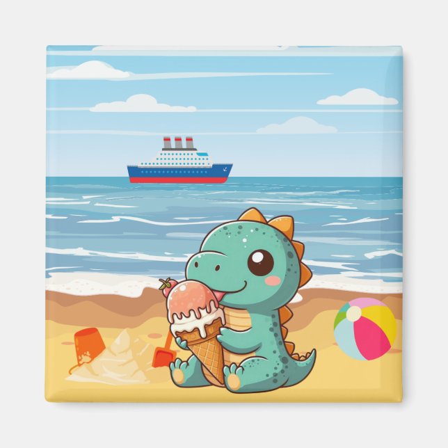 Aimant Belle glace manger dino à la plage (Devant)