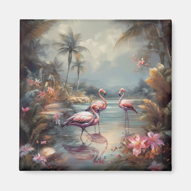 Aimant belle peinture vintage flamants roses (Devant)