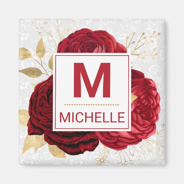 Aimant Belles fleurs rouges profondes et dorées Monogramm (Devant)