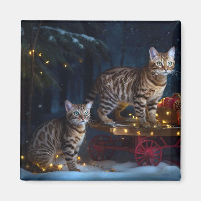 Aimant Bengale Chat Snowy Sleigh Ride Décor de Noël (Devant)