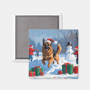 Aimant Berger allemand courant dans la neige avec Casquet