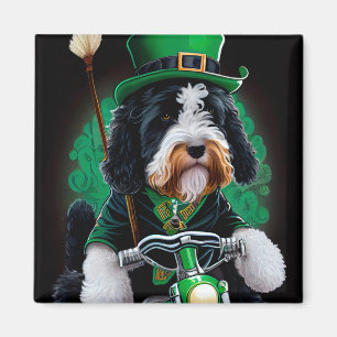 Aimant Bernedoodle Chien conduisant vélo St. Patrick's Da