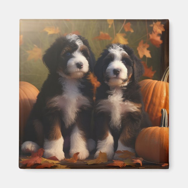 Aimant Bernedoodle Chiot Automne Citrouille de plaisir (Devant)