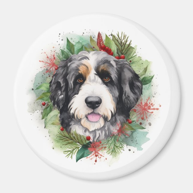Aimant Bernedoodle Christmas Wreath Festive Pup (Devant)