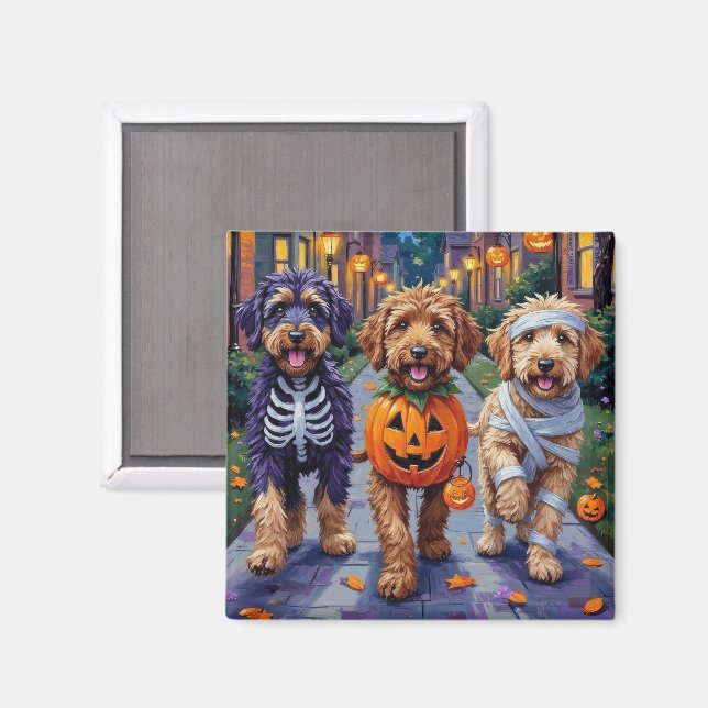 Aimant Bernedoodle Dogs Trick or Treating in Halloween Co (Recto/Verso)