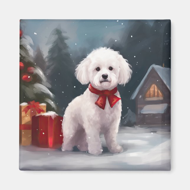 Aimant Bichon Frise chien dans la neige Noël  (Devant)