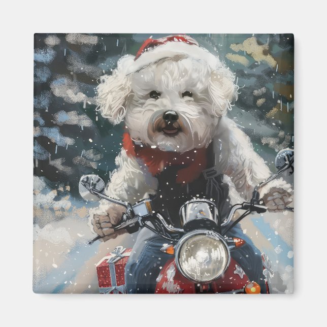 Aimant Bichon Frise Chien équitation Moto Noël (Devant)