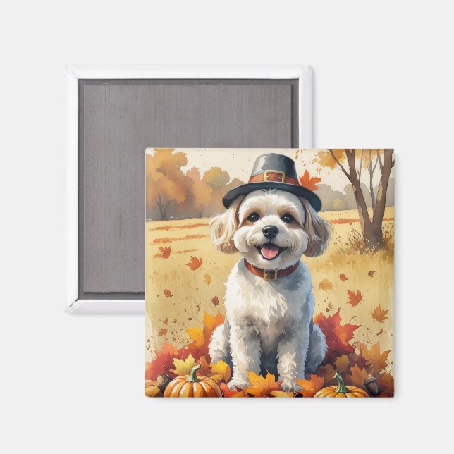 Aimant Bichon Frise Dans Feuilles D'automne Art De Thanks (Recto/Verso)