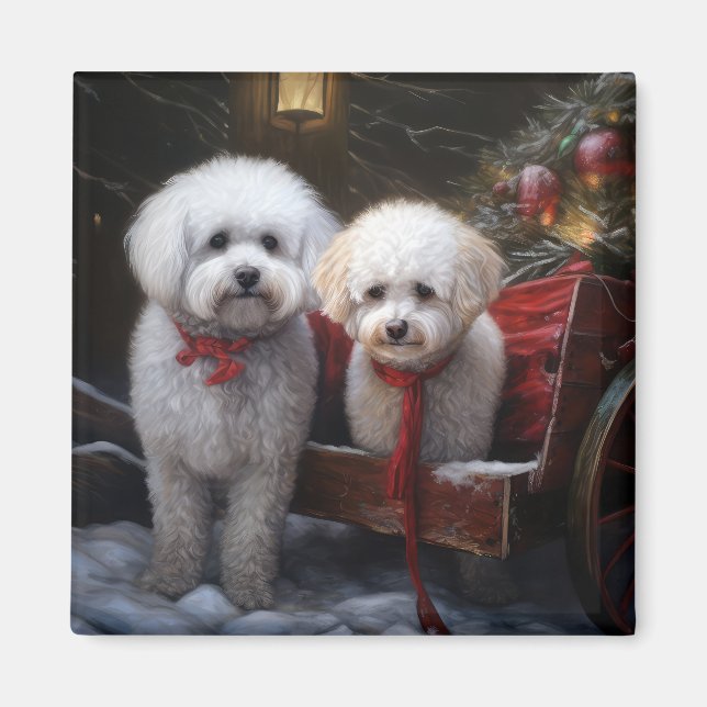 Aimant Bichon Frise enneigé Traîneau Décor de Noël (Devant)