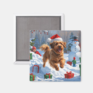 Aimant Bichon Havanais courant dans la neige avec un chap
