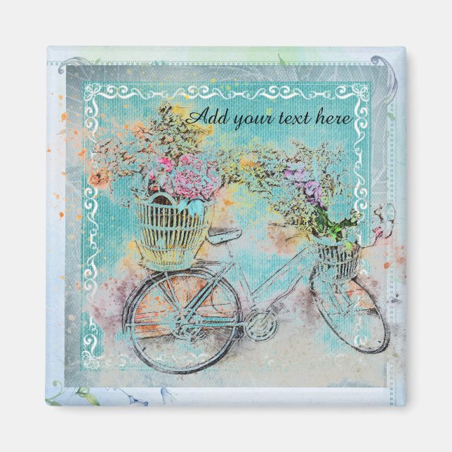 Aimant Bicycle with flower baskets on blue burlap (Devant)