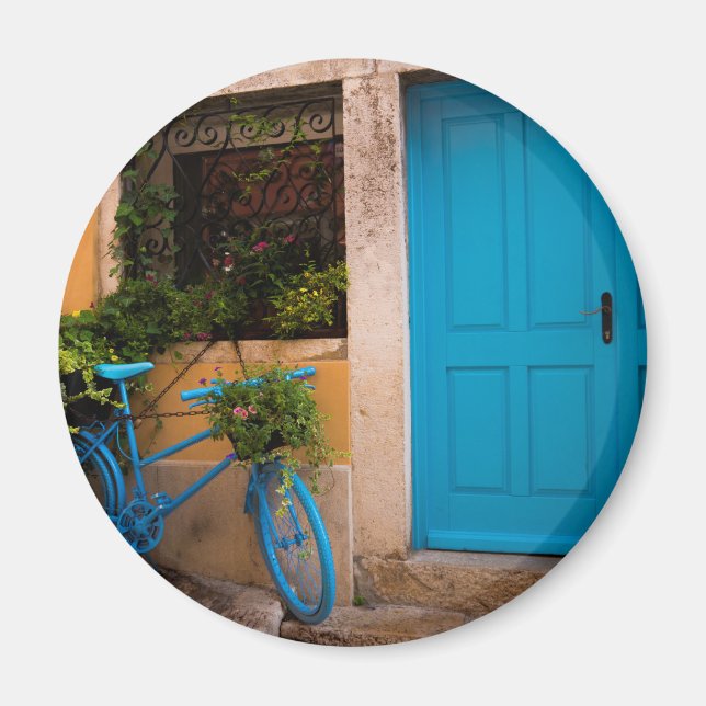 Aimant Bicyclette bleue et porte en été (Devant)