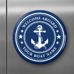 Aimant Bienvenue à bord Nom du bateau Ancres Étoiles Mari<br><div class="desc">Un aimant bleu marine et blanc élégant avec une ancre de bateau nautique personnalisée avec étoiles et votre texte personnalisé "Welcome Aboard" et votre nom de bateau ou tout autre texte souhaité. Customisez-les avec votre couleur arrière - plan préférée et bien plus encore. Fait un grand cadeau pour toute occasion....</div>