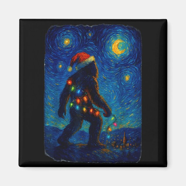 Aimant Bigfoot Christmas Sasquatch Santa Hat Starry Night (Devant)