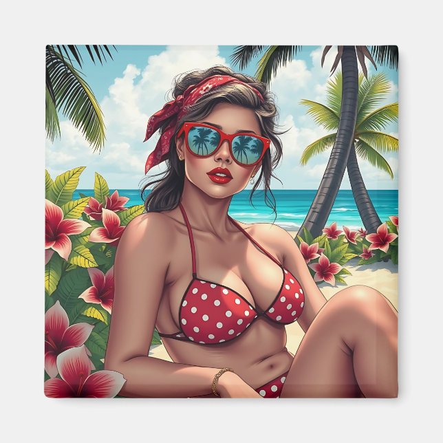 Aimant Bikini rouge, lunettes de soleil et femme de Banda (Devant)