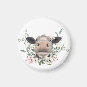 Aimant bisou de nez de vache fleurs aquarelle gris animal