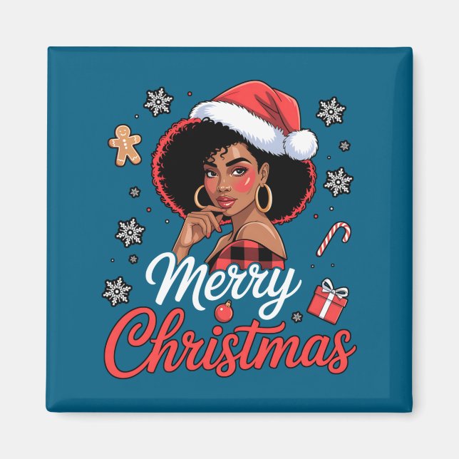 Aimant Black African Girl American Merry Christmas Santa  (Devant)