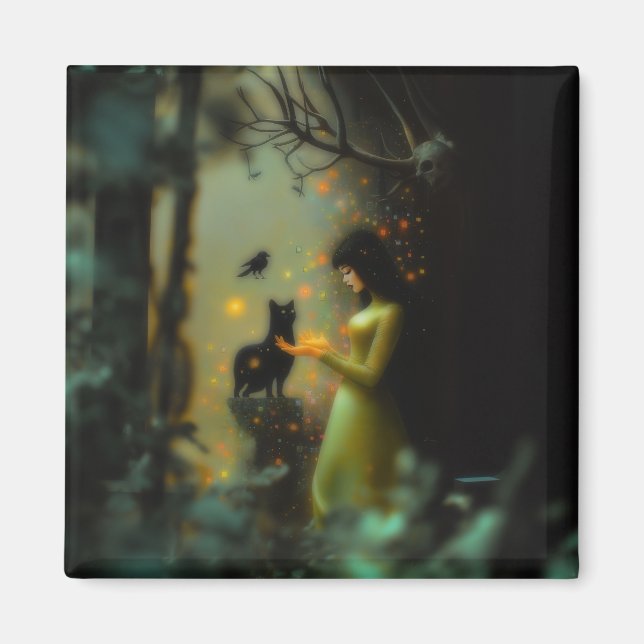 Aimant Black Cat Green Forest Occult Dark Witchk AI Art (Devant)