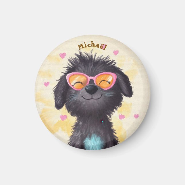 Aimant Black Dog Valentine's Day Heart Badge Kids School  (Devant)